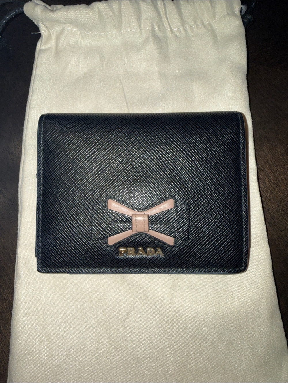 Small Prada Black Saffiano Leather Wallet with Pink Bow